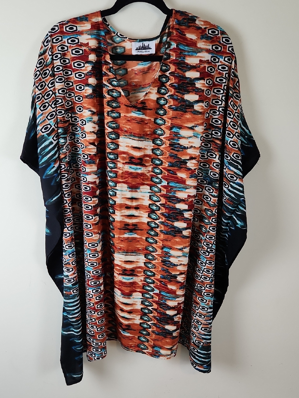 Metropolitan Aztec Print Lightweight Tunic Kaftan Dress Rust, Teal & Black